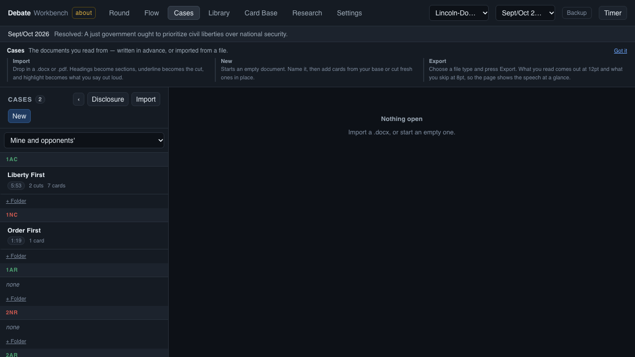 The Cases tab: the documents you read from, listed by speech.